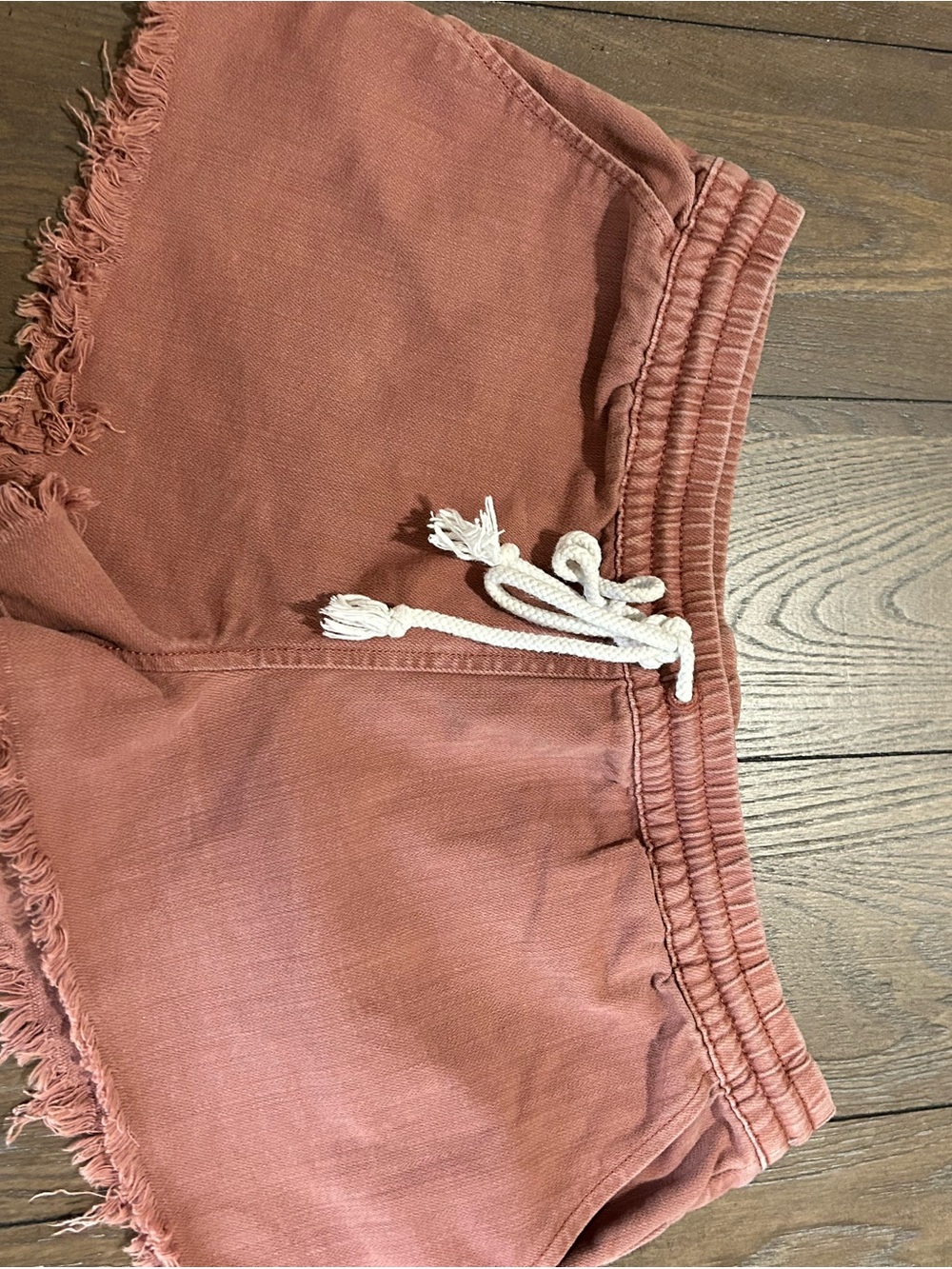 aerie Frayed Hem Drawstring Shorts in Rust with White Cord